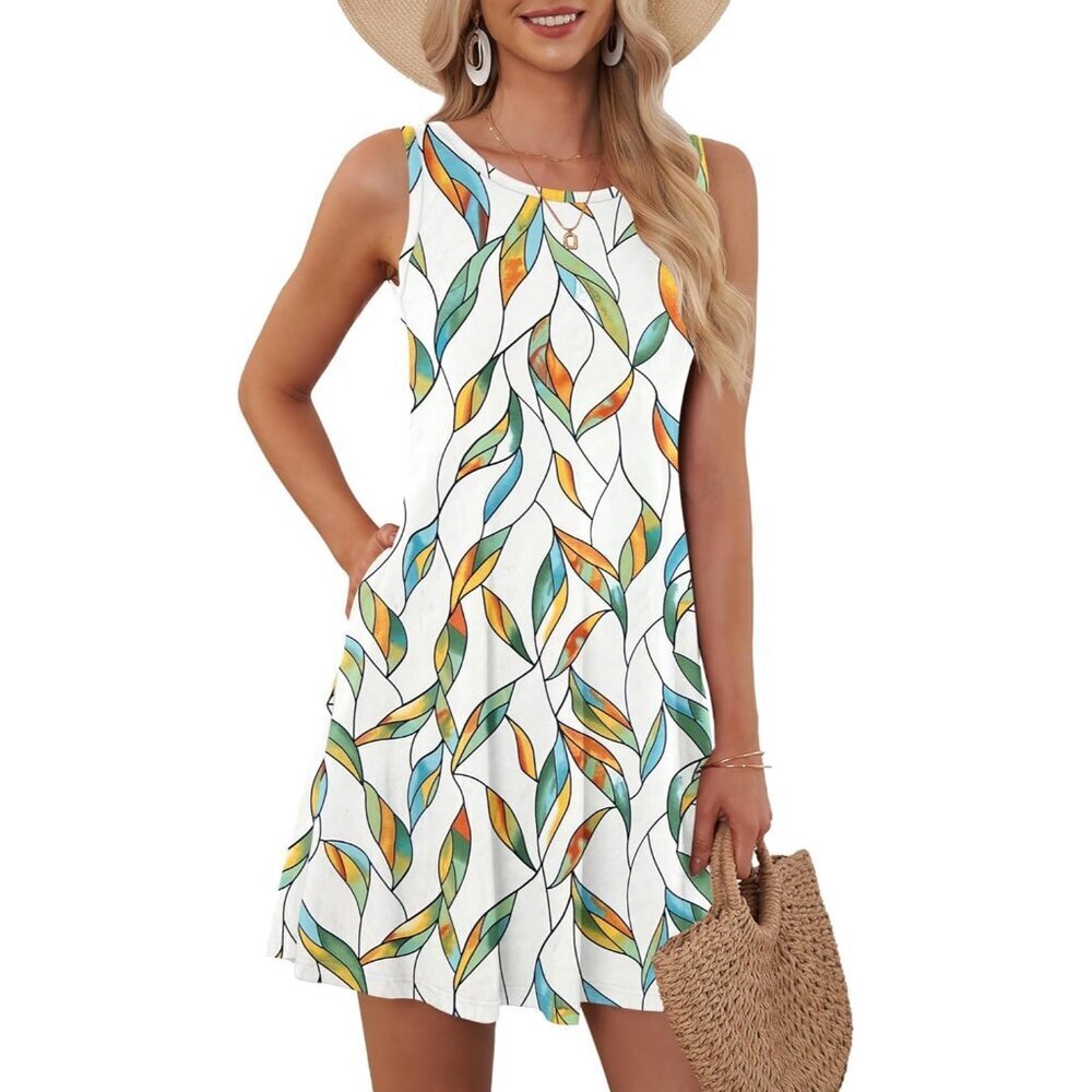 Women's Bu Ye Dye Leaf Sleeveless Crew Neck Summer Boho Beach Dress with Pockets